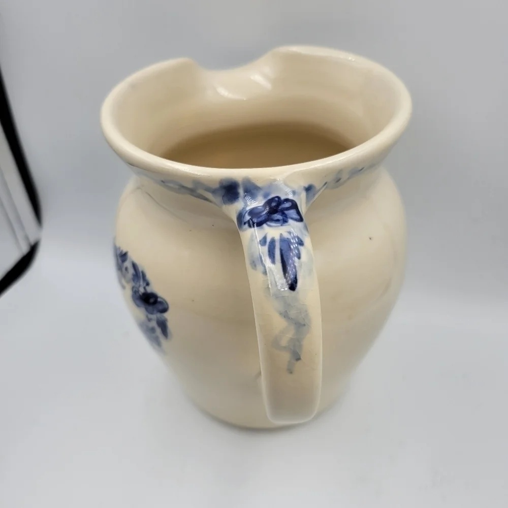 Vintage Ellis Prod Pottery Marshall TX Hand Painted & Signed Blue Heart Pitcher